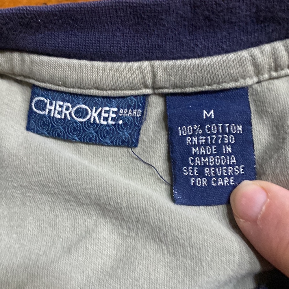 CHEROKEE Men’s T-shirt, Khaki w Navy Trim, 100% Cotton, Medium - Picture 5 of 5